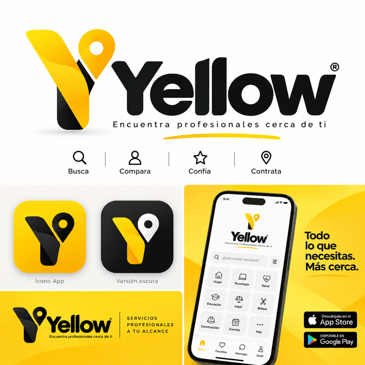 Marca Yellow con símbolo amarillo de ubicación y el lema Encuentra profesionales cerca de ti